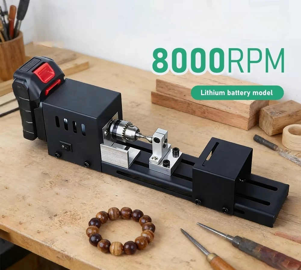 Electric Bead Lathe with Drill & Polishing Kit for DIY Woodturning Projects Mini Wood Lathe 96W 8000RPM Woodworking