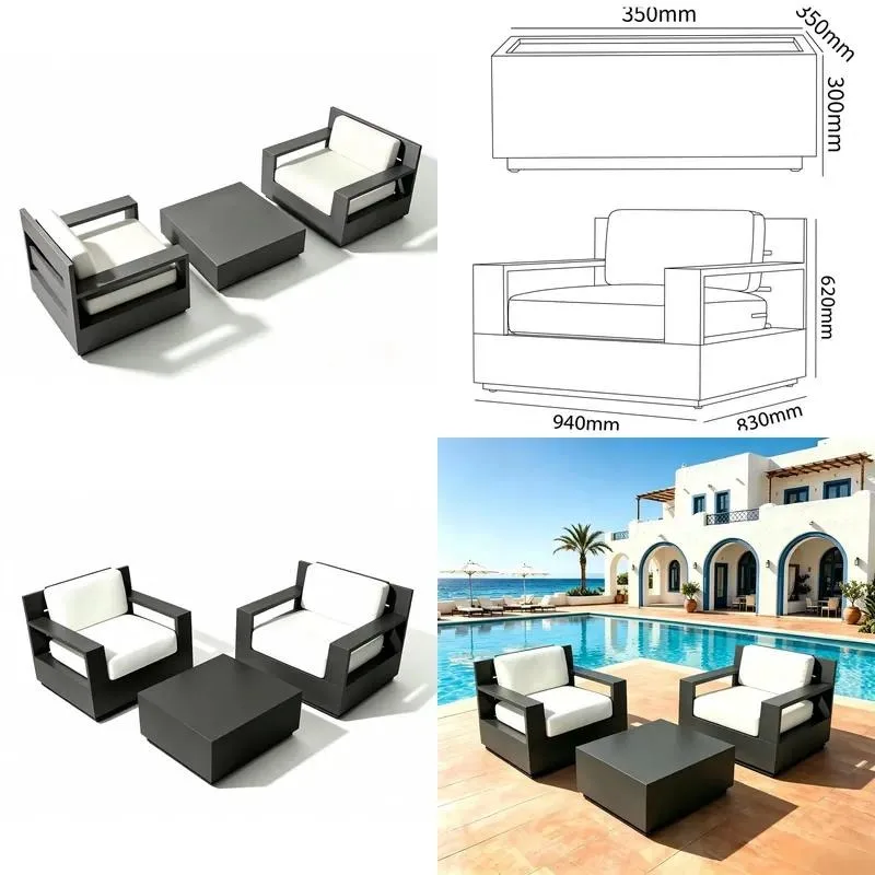 2-Piece Outdoor Lounge Chair Set Aluminum Terrace Sofa Furniture with Coffee Table Waterproof Cushion Modern Garden Seat