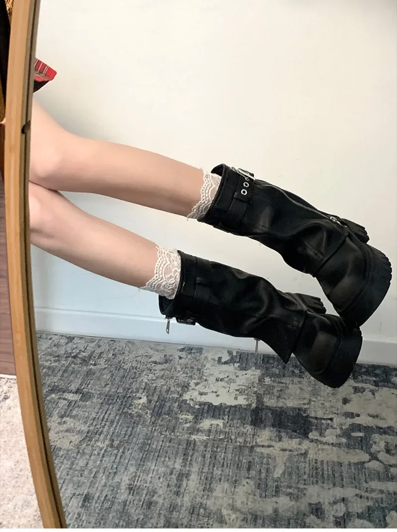 Winter Damen Biker Stiefel Mode Gürtelschnalle Elegante Plateau Flache Kurze Stiefeletten Lässige Damen Ritterstiefeletten – Detail 7