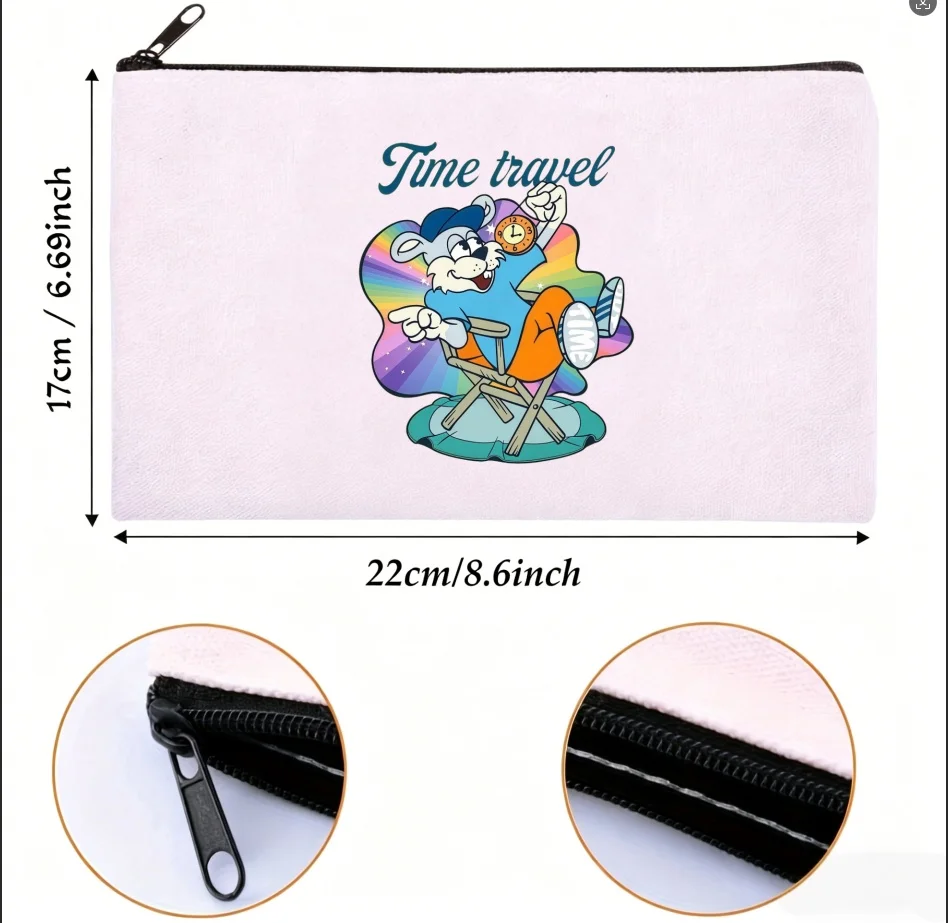 1PC Double-sided Canvas Pouch Time Travel Rainbow Rabbit Zipper Cosmetic Storage Bag