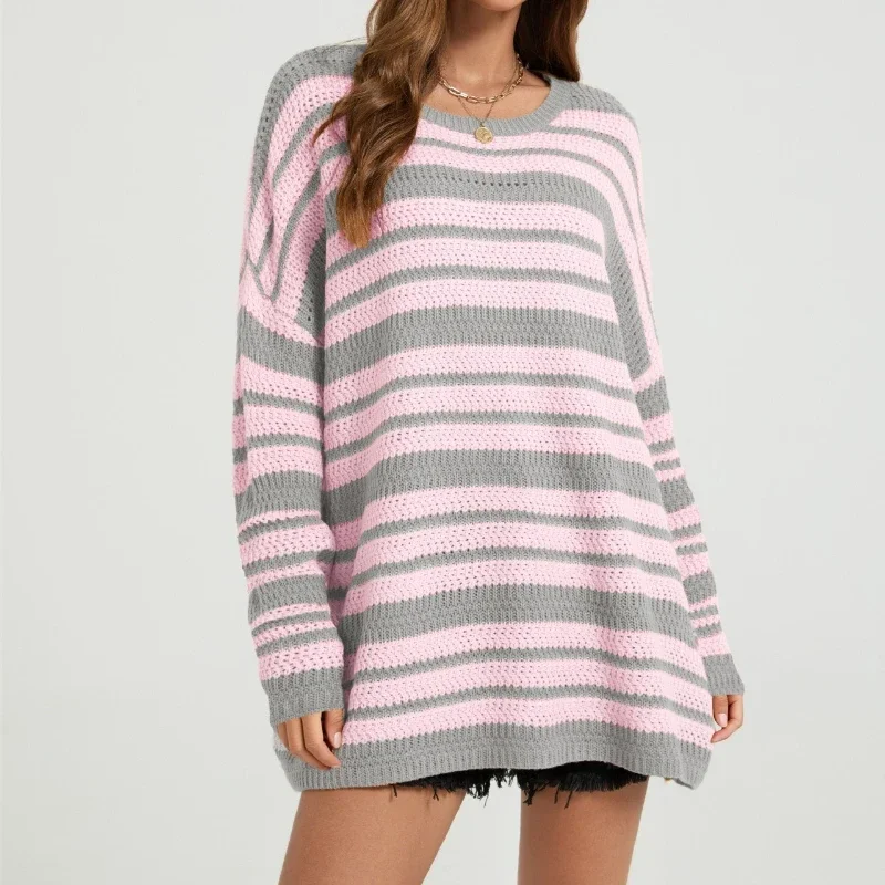 New in Women's Striped Knitted Babe Idyllic Crew Neck AutumnWinter Long Sleeves Contrasting Color Pullover Retro Loose Sweater