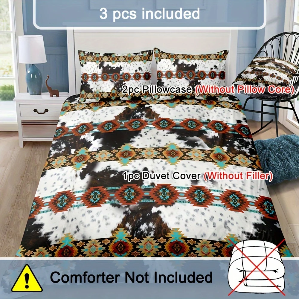 Duvet Cover Set (1*Duvet Cover + 2*Pillowcase) Ethnic Style Cow Print Bedding Set Soft Comfortable Duvet Cover For Bedroom