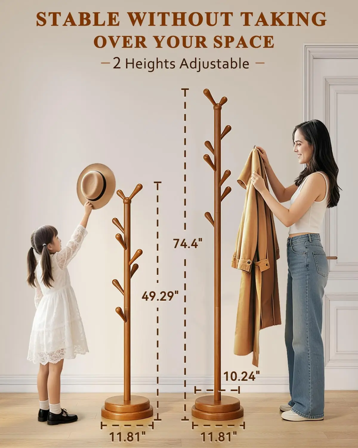 Freestanding Coat Rack, Solid Wood Coat Tree with 8 Smooth Rounded Hooks, Adjustable Height Heavy Duty Coat Rack with Dual-Layer Base