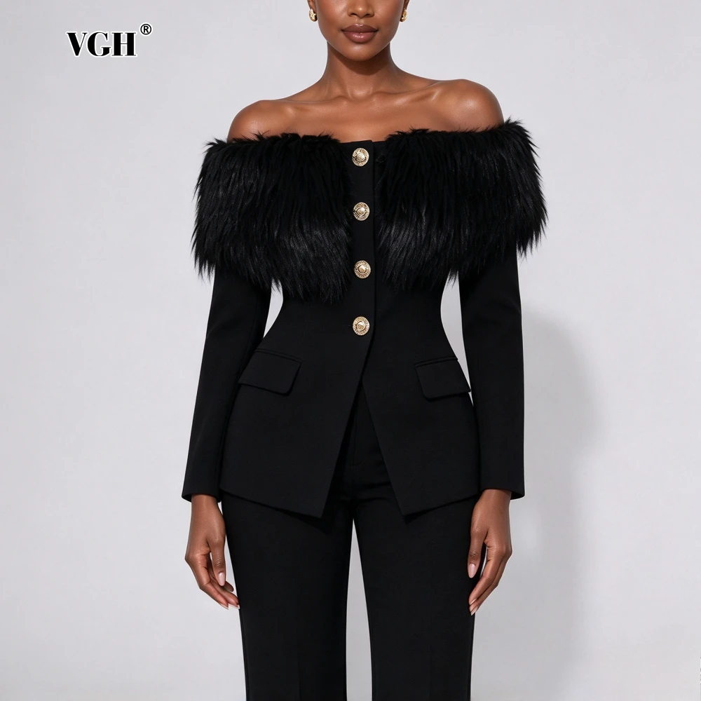 VGH Luxury Faux Fur Women Jackets Slash Neck Long Sleeve Chic Fitted Jacket for Party Evening Gathering Wear Fashion Autumn New