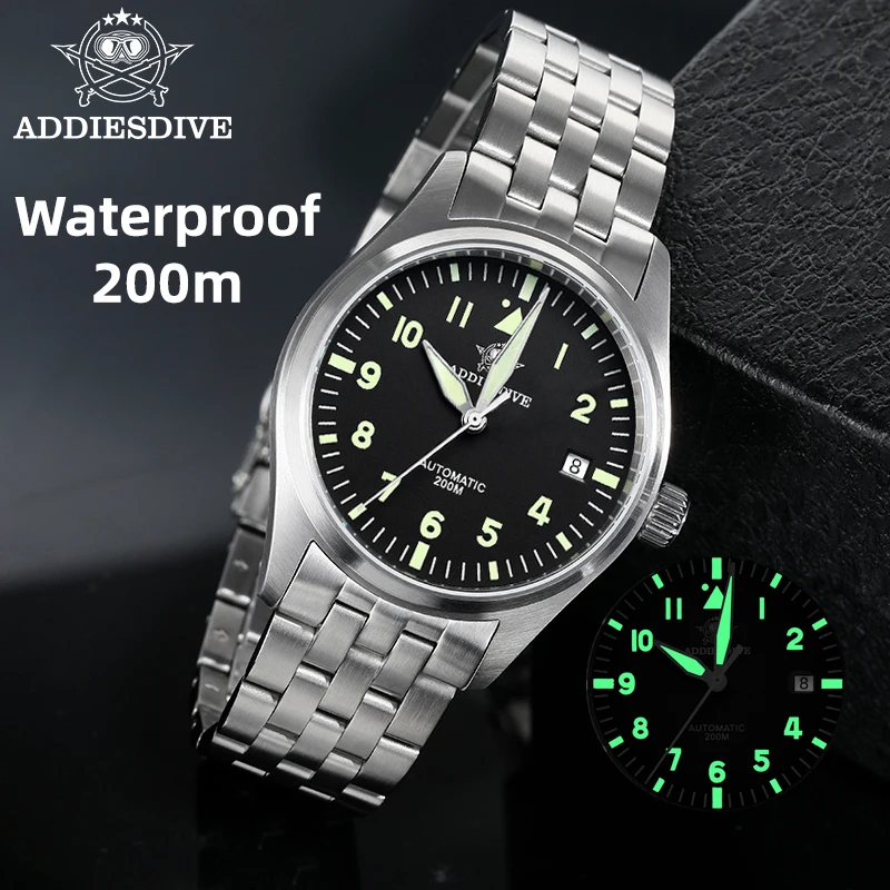 ADDIESDIVE luxuriöse analoge mechanische Herrenuhr im Business-Design, 200 Meter wasserdicht, Saphirglas, Datumsanzeige, starke C3 Leuchtmasse, Armband aus Edelstahl
