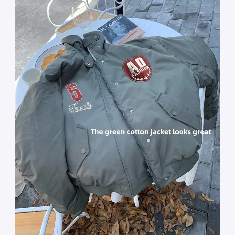 

Thickened Winter Cotton Jacket Men's Military Green Lamb Fur Collar Flight Style Warm Casual Outerwear Long Sleeve Button Clo...