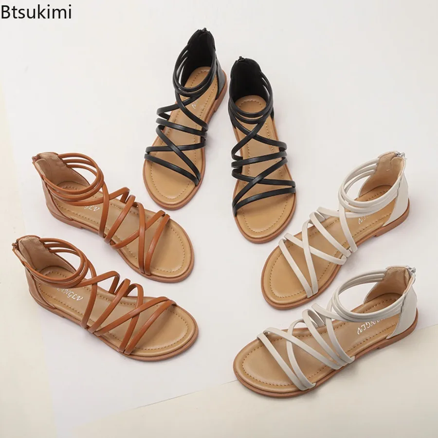 Summer Plus Size Gladiator Sandals Women Corss Band Back Zipper Flat Heels Sandals Woman Outdoor Non Slip Casual Sandles Female