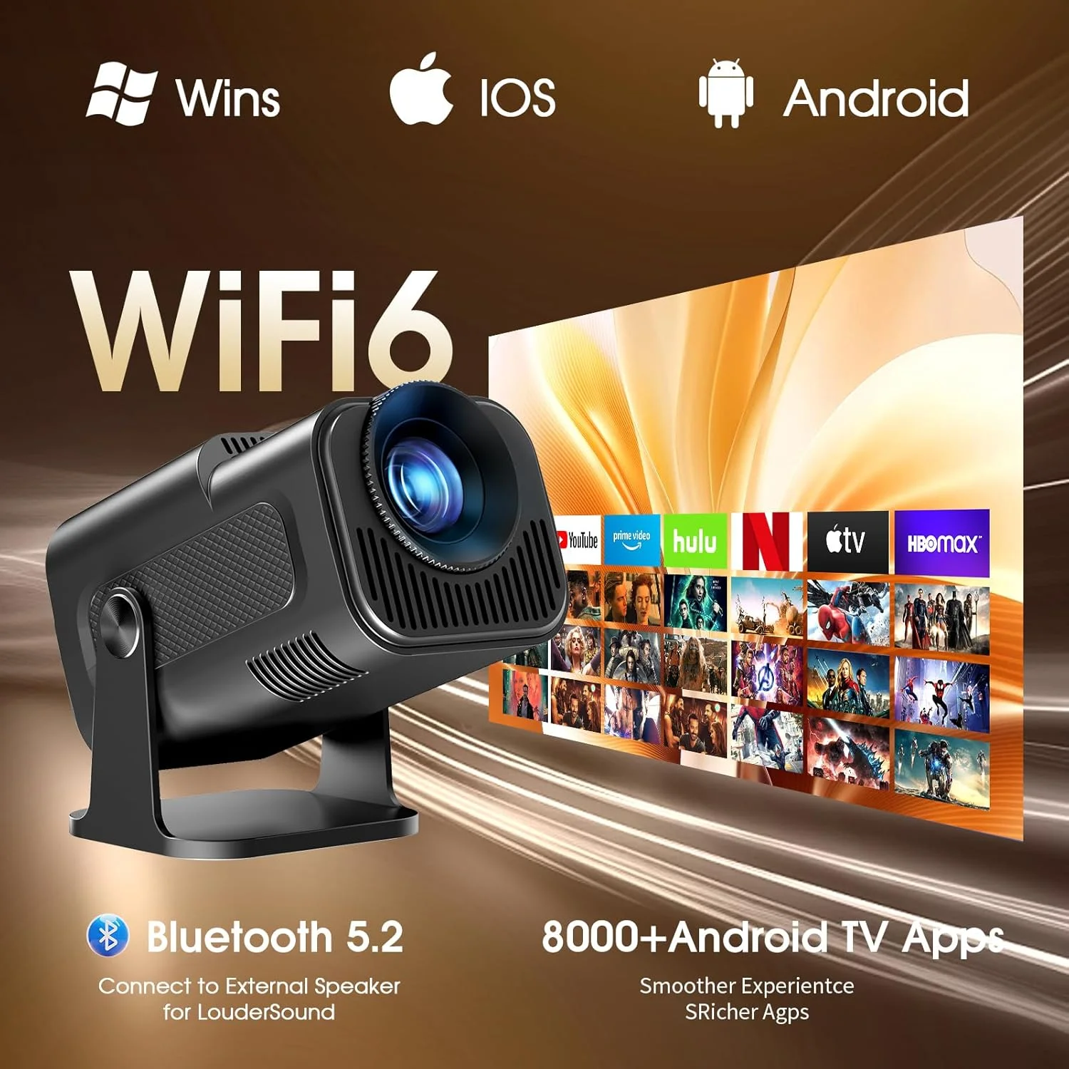 Home Projector HY320 Native 720P Android 11 4K Projector 300ANSI Wifi6 BT5.0 Cinema Outdoor Portable 180° Rotable Projector NEW