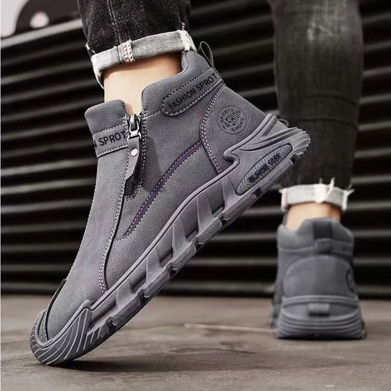 

Vintage Men Shoes 2025 Winter New Plush Thicken Non Slip Warm Shoes Fashion Side Zipper Height Increase Wear-resistant Sneakers