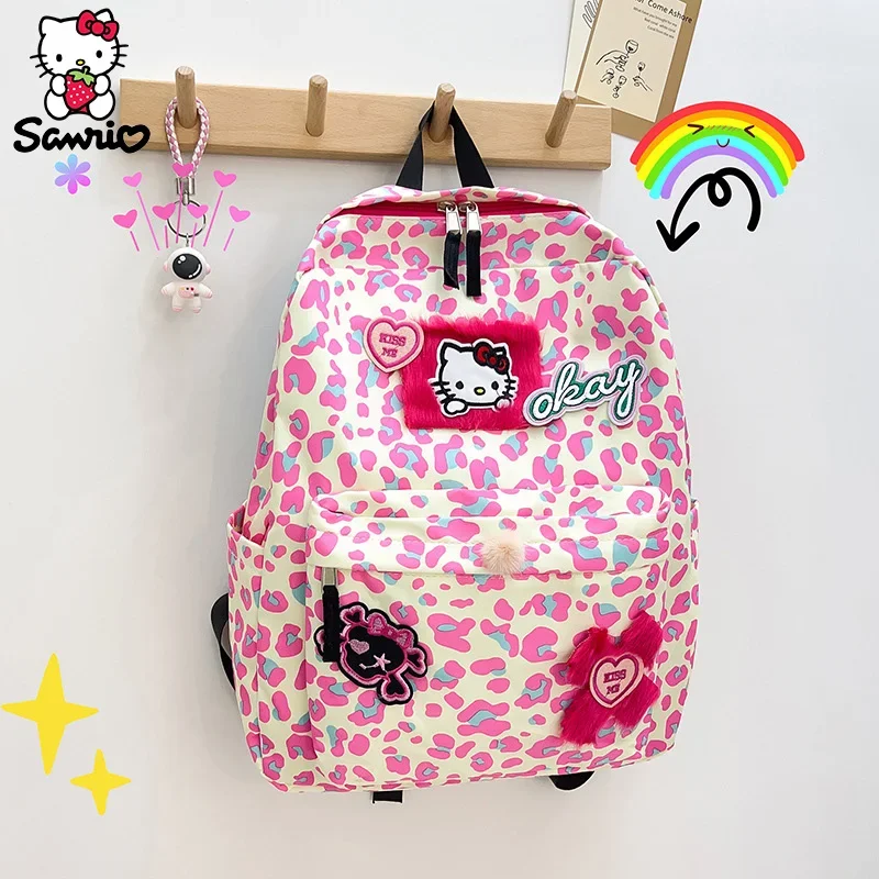 Backpack Leopard Print Soft Girl Pink Travel Picnic Cartoon Backpack Hello Kitty Cute Large Capacity Portable Student School Bag