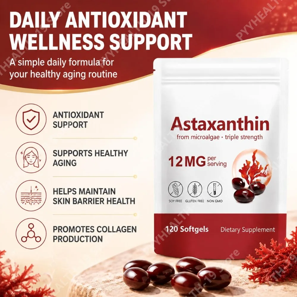 Astaxanthin Softgels with 12mg Triple Strength Microalgae Extract for Antioxidant & Healthy Aging Support, Adults, 120 Softgels