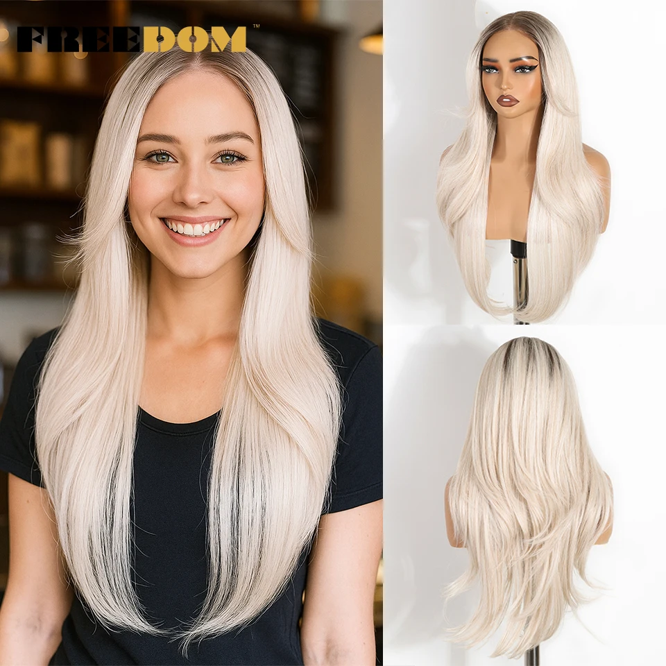 

FREEDOM Long Straight Synthetic Lace Front Wigs For Women 6x4 Pre Plucked Layered Wig With Bangs Ombre Wear And Go Glueless Wig
