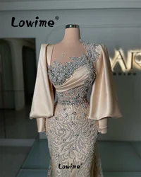 Elegant Long Sleeves Plus Size Arabic Dubai Women Evening Dresses Customize Sparkly Crystals Glitter Party Prom Dress Champagne