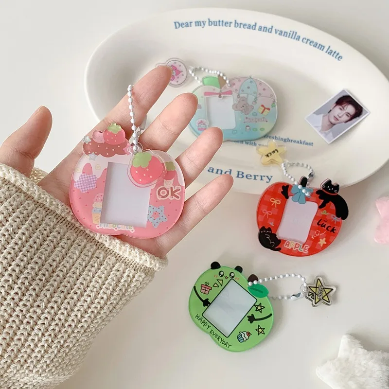 Cute Apple Kpop Photo Card Holder Keychain for 1 Inch ID Cartoon Print ID Card Cover Case Protector for K-Pop Fans Girls Gift