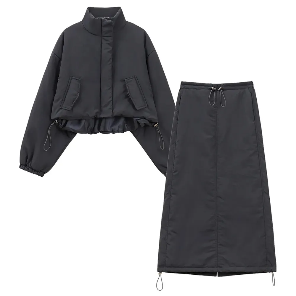 Thicken Warm Cotton Cargo 2pcs Set Stand Up Collar Loose Cropped Jacket + High Waist Long Skirt Women Harajuku Hip Hop Suit