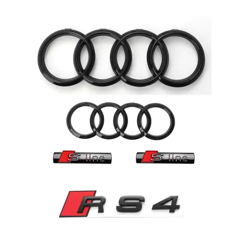 Front Emblem Rear Trunk Badge for Audi RS4 2016-2020 Bright Black/Silver 4 Ring Logo ABS Car Hood Sline Sticker Modification