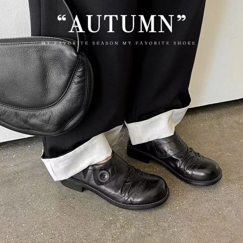 2026 new spring autumn women pumps natural leather 22-24.5cm sheepskin+ pigskin round toe buckle loafers women shoes fashion