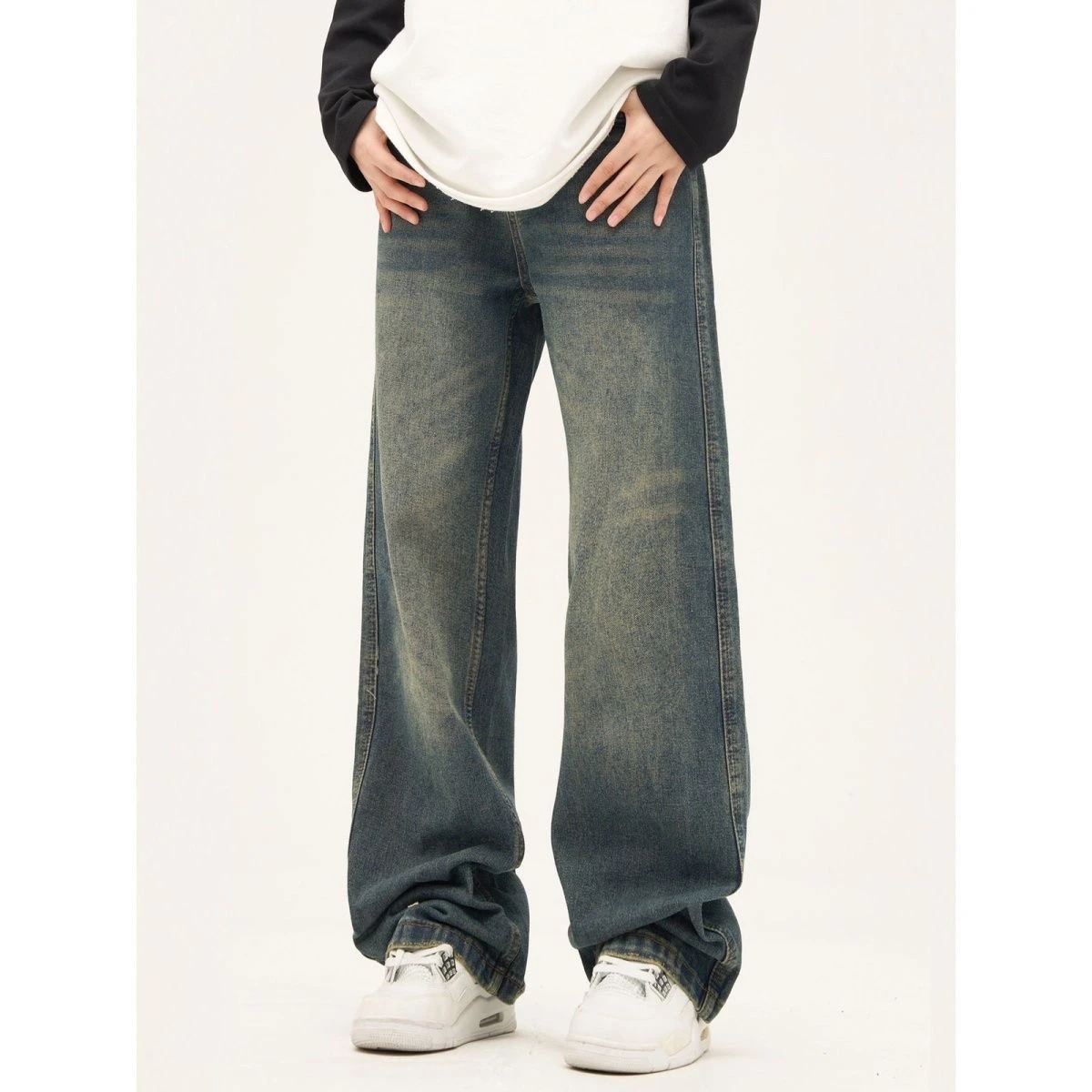 Retro American Waed Wide Leg Jeans Men Women Casual Loose Long Trousers Youth Trendy Brand Color Blo Floor-Length Jeans