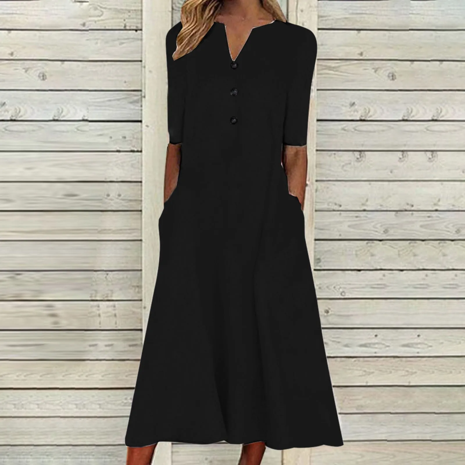 2024 Women's Dresses Summer Fashion V Neck Button Up Dress Solid Color Casual Short Sleeve Mid Length Dress Party Beach Sundress