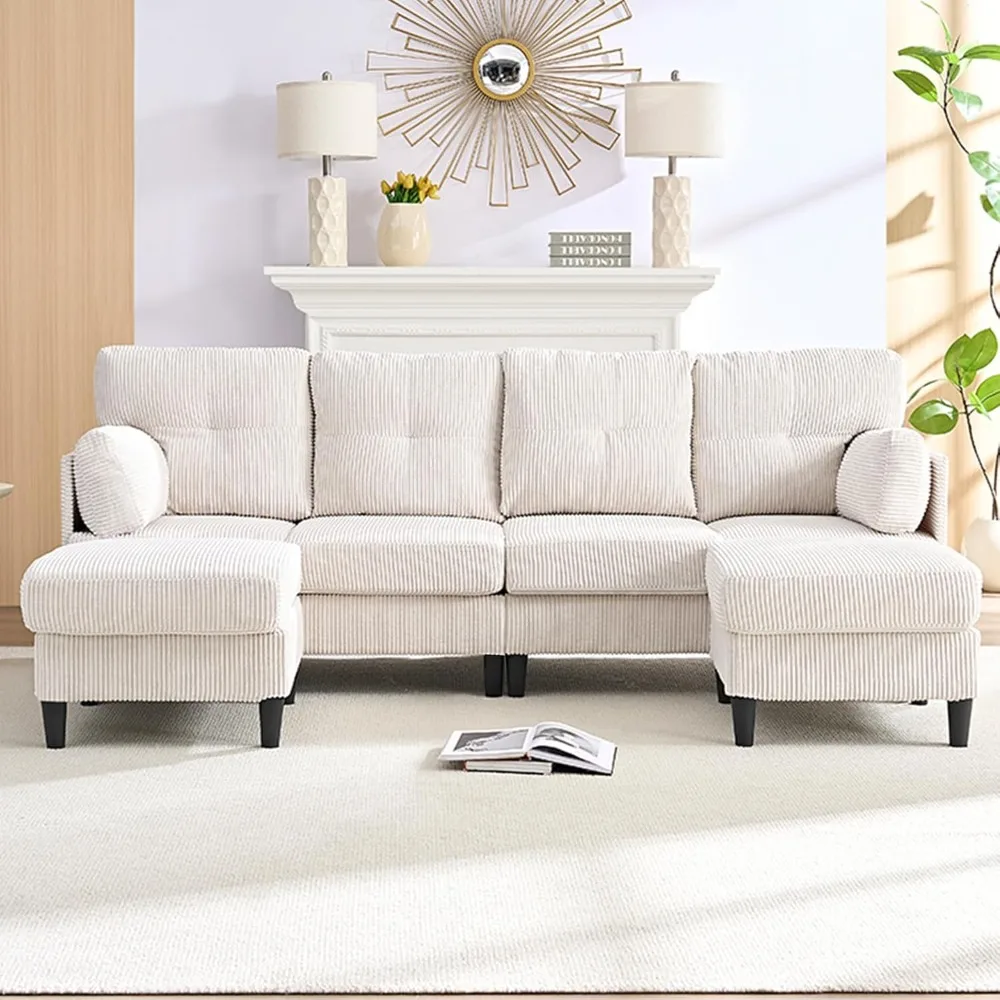 Modern U-Shaped Sectional Sofa with Corduroy Fabric, Convertible Double Chaise and Ottoman for Living Room, Ideal for Comfortabl