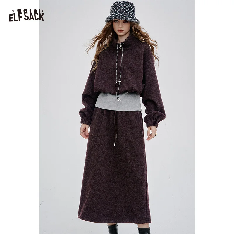 ELFSACK 2025 invierno nuevas llegadas Casual Color sólido versátil manga larga vestido con capucha conjunto para mujer
