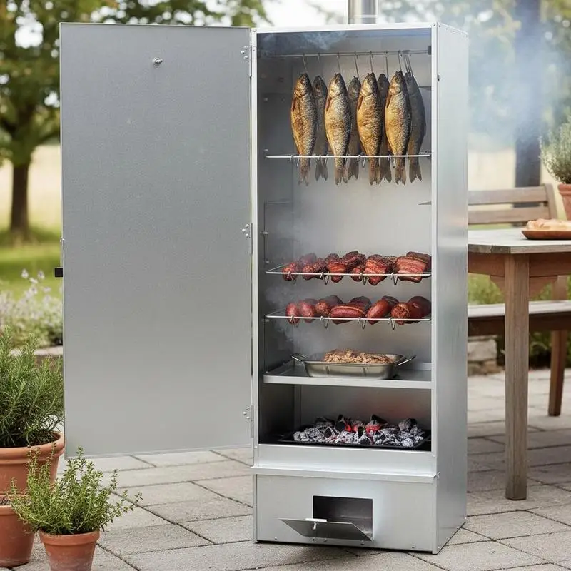 44.5 X 29 X 110 cm Made of Galvanized Steel with Smoke Chips, Smoker Cabinet for Meat, Fish, Cheese, Sausage, and Ham, Vertical Smoker for Garden, Patio, Outdoor Kitchen, Bbq Smoker, Hobby Smokers,