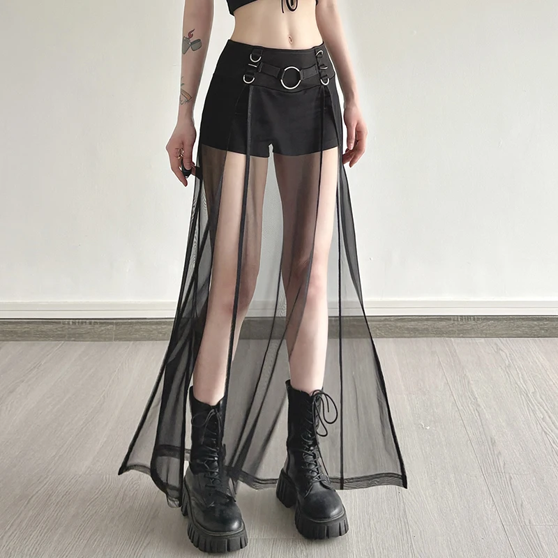 Dark Solid Shorts With Split Maxi Skirts Gothic See Through Ring Low-Waisted Shorts Women 2025 Summer Fashion Streetwear Lady
