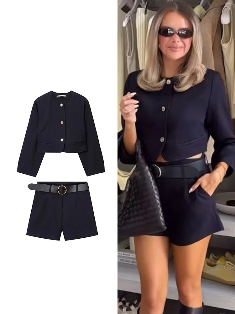 

Новый женский однотонный комплект шорт из искусственной кожи с поясом, элегантное короткое пальто с круглым вырезом, широкие короткие брюки, осень 2025 г., повседневная женская одежда