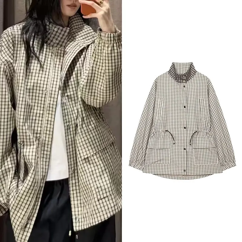 Women's Check Jacket with Shawl New 2026 Autumn Women High-Neck Long Sleeve Pocket Elastic Cuffs Coat Tops Chic Female Outerwear