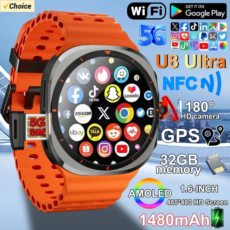 

2025 Watch 8 Ultra 5G Smartwatch: 480*480 HD Screen, 32GB ROM, HD Camera, 1480mAh, NFC/GPS/WiFi, 100+ Sports Modes, IP68!