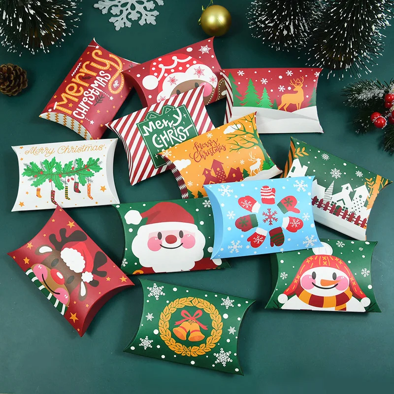 Christmas Pillow Shape Kraft Paper Candy Box Kids Favors Gift Packaging Boxes Merry Christmas Party Decorations Navidad Supplies
