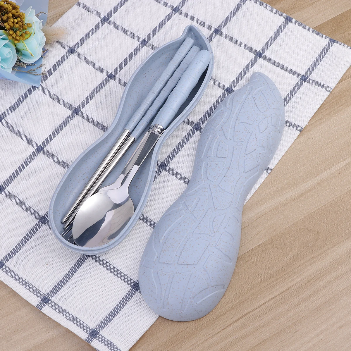 

Stainless Steel Wheat Straw Tableware Set Portable Dinner Chopsticks Spoon Fork Cutlery Case Travel Home Camping Blue