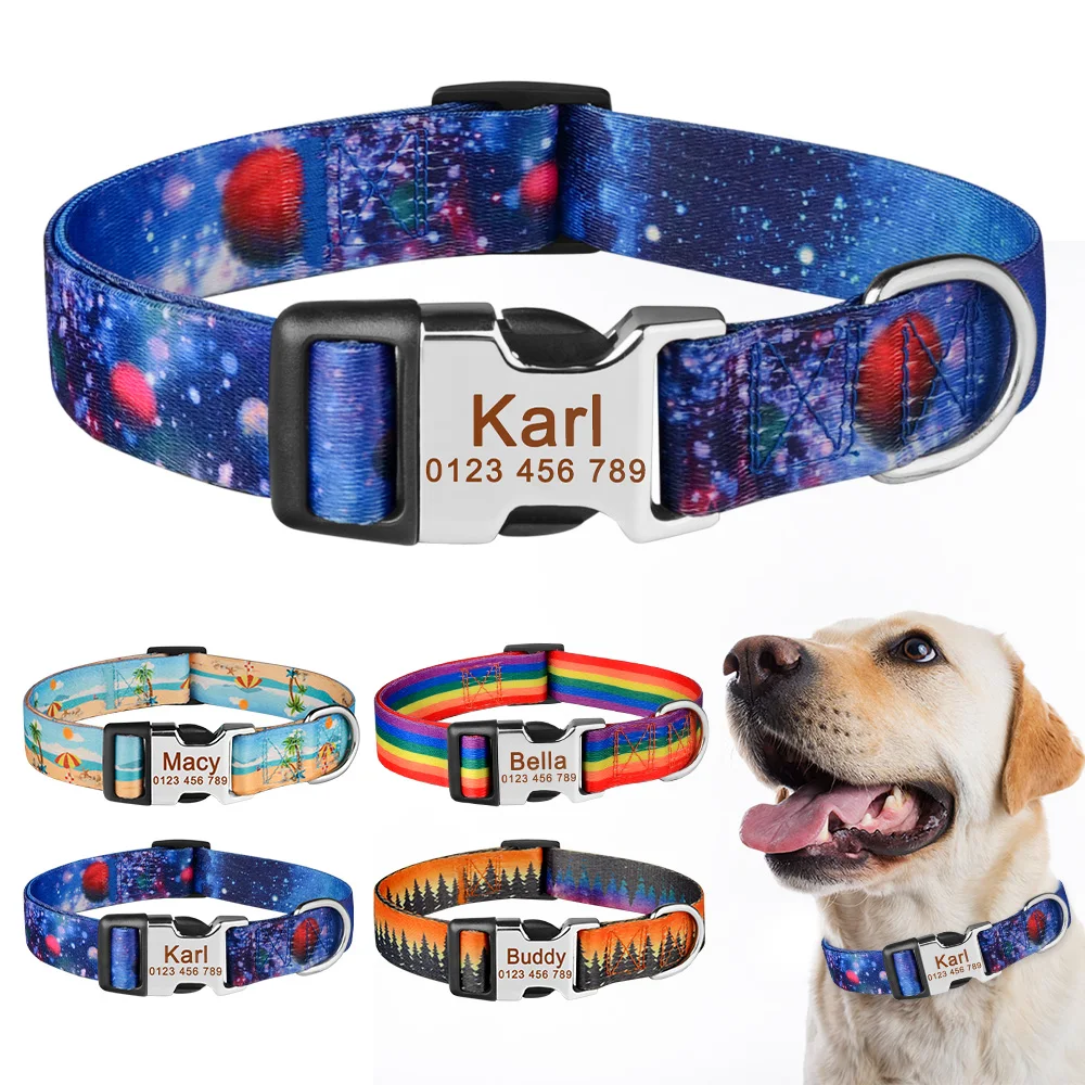 Collar de nailon personalizado para perro, accesorio con estampado para cachorro, identificación grabada gratis para perros pequeños, medianos y