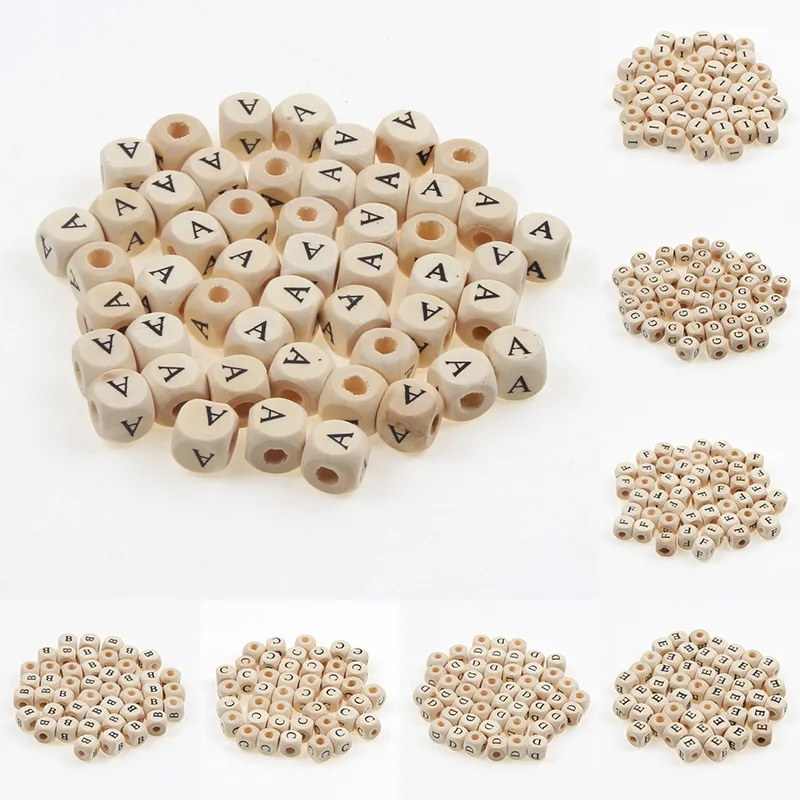 50pcs 10mm Natural 26 Letter Wooden Beads Alphabet Loose Spacer Square Beads for Jewelry Making Diy Kids Bracelet Accessories