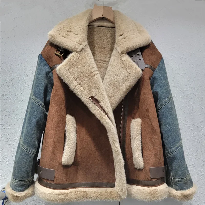 

2025 Winter Denim Coats Women Shearling Jackets Spliced Zipper Pocket Long Sleeve Turn Down Collar Thick Loose Streetwear Casual