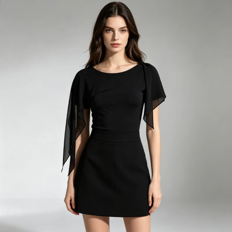 Black Short Sleeve Dance Top, Asymmetric Chiffon Drape Shoulder Blouse for Latin Ballroom Salsa Dance Practice Performance Wear