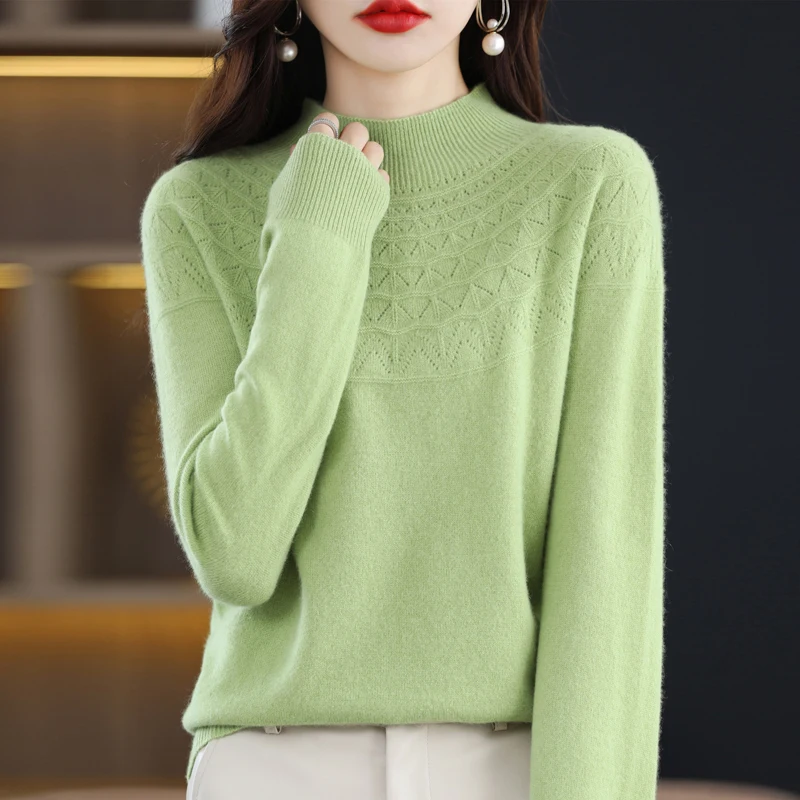 Spring And Summer New Pure Wool Thin Sweater Round Neck Hollow Ladies Long Sleeve Loose Commuter Joker Pullover