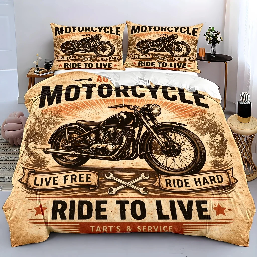3Pc Retro Motorcycle-Themed Duvet Cover Set, Three-Piece Bedding Set (1*Duvet Cover + 2*Pillowcases), Suitable for All Seasons, Machine Washable, Invisible Zipper Design, Large Personal Bed Cover Set, Suitable for Home, Dormitory, Master Bedroom, Guest Room, American Motorcycle Style Bedding Set, Personalized Live Free Ride Hard Pattern, Wear-Resistant and Skin-Friendly Three-Piece Bedding Set, Vintage Distressed Riding Culture Bedding