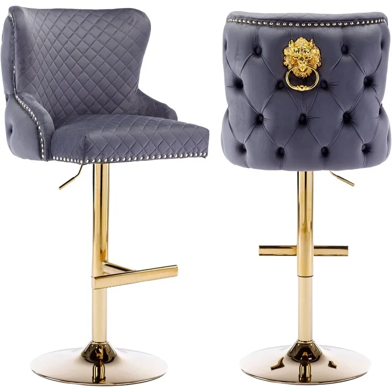 

Velvet Barstools Set of 2 Upholstered Adjustable Swivel Stool Chairs with Chrome Base Diamond Pattern Rivet Trim and High Tufted