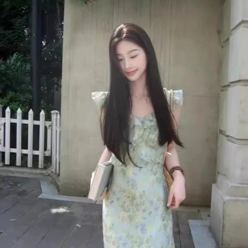 الربيع الصيف قصيرة الأكمام على شكل حرف U طوق الأزهار الصالحة للأكل شجرة الفطريات الملابس النسائية الخصر تراجع النمط الفرنسي الحلو Dresse