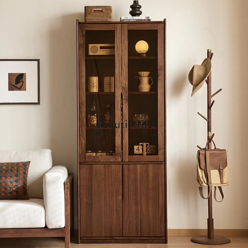 

North American black walnut bookcase full solid wood glass home study wall locker