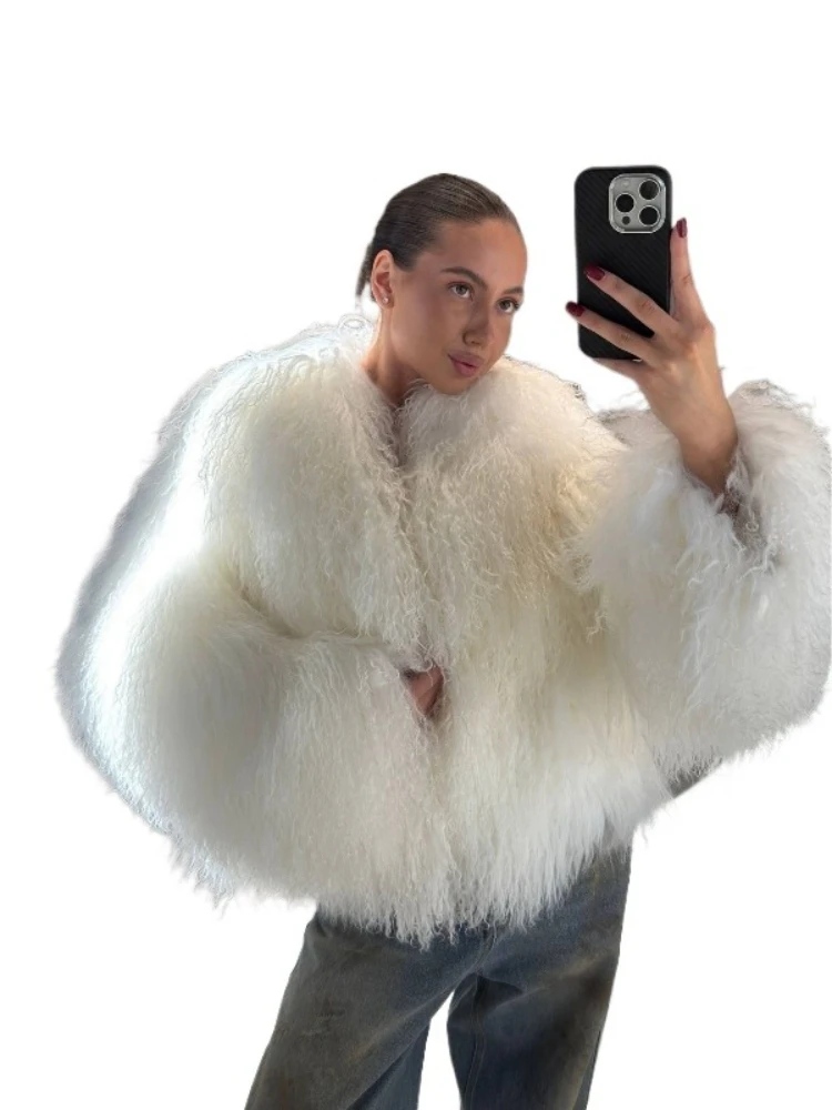 معطف نسائي قصير من الفرو الصناعي أنيق بدون ياقة وأكمام طويلة سترة دافئة فضفاضة موضة شتاء 2025 Y2k سترات خارجية عالية الشارع