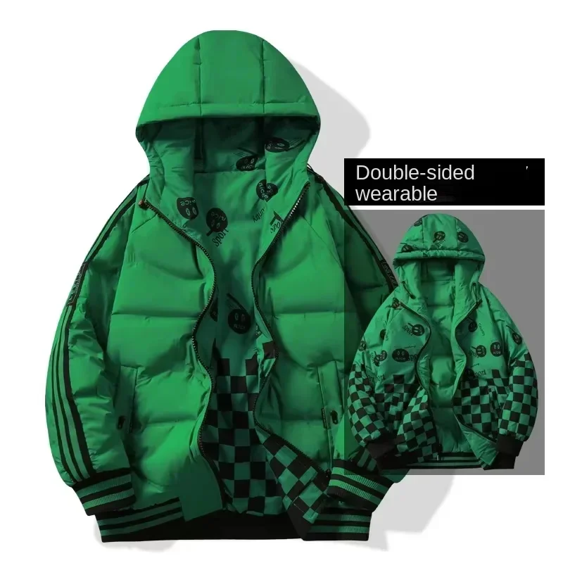 Double-sided Wear Down Jacket Solid Color Plaid Print Pattern Hooded 2025 New White Duck Warm Autumn and Winter Jack