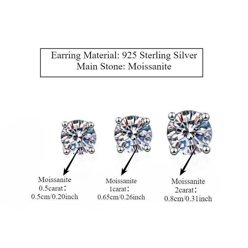 زوج من الأقراط المسمار المويسانتي الفضية عيار 925 ذات أربعة شقوق، هدية بسيطة لعطلة الخريف/الشتاء للرجال والنساء.