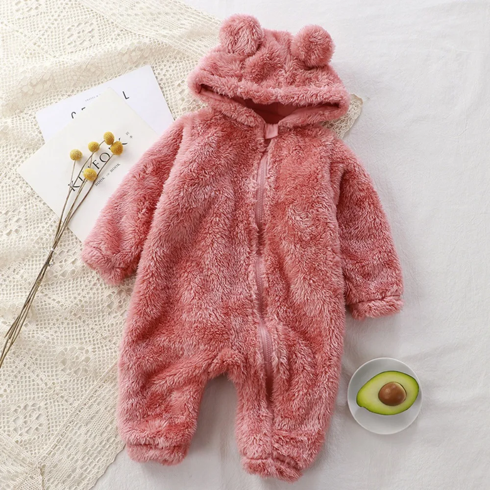 

Thick Warm Baby Rompers Coral Fleece Soft Velvet Infant Jumpsuits Hooded Zipper Bear Shape Newborn Pajamas 3-9 Months