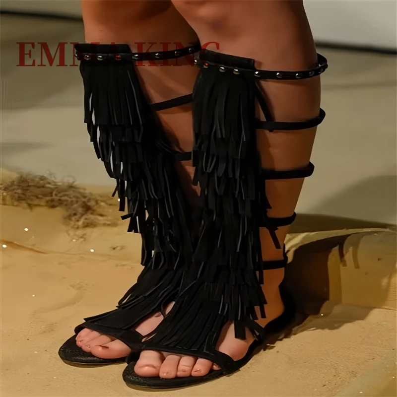 أسود الجلد المدبوغ صنادل طراز جلاديتور المفتوحة تو الصيف مهدب شقة الركبة عالية التمهيد أحذية الشاطئ موضة صندل كاجوال للأحذية النسائية 44