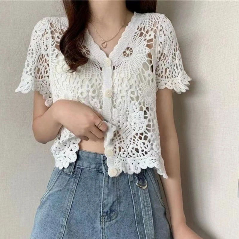 Women French Style Short Sleeve Lace Shrug Hollow Out Crochet Knit Bolero Cardigan V-Neck Button Down Sheer Crop Jacket