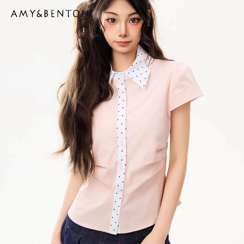

2026 New Pink Polka Dot Spliced Women's Short Sleeve Shirt Original Design Sweet Cool Age-Reducing Y2k Slimming Shirts Ladies