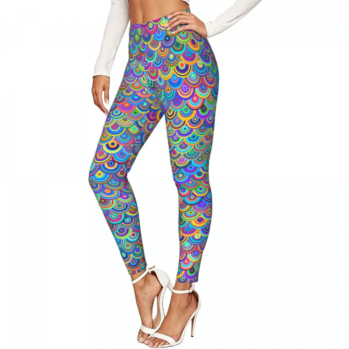Casual Ladies Slim Leggings Rainbow Chain Mail Dragon Scales Background Elastic High Waist Sports Daily Wear Trousers