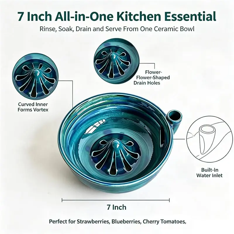 M11K- Berry Washing Bowl Self-Rinsing Design, Fruit Rinse Stoneware Basket With Drainage Holes For Kitchen Counters